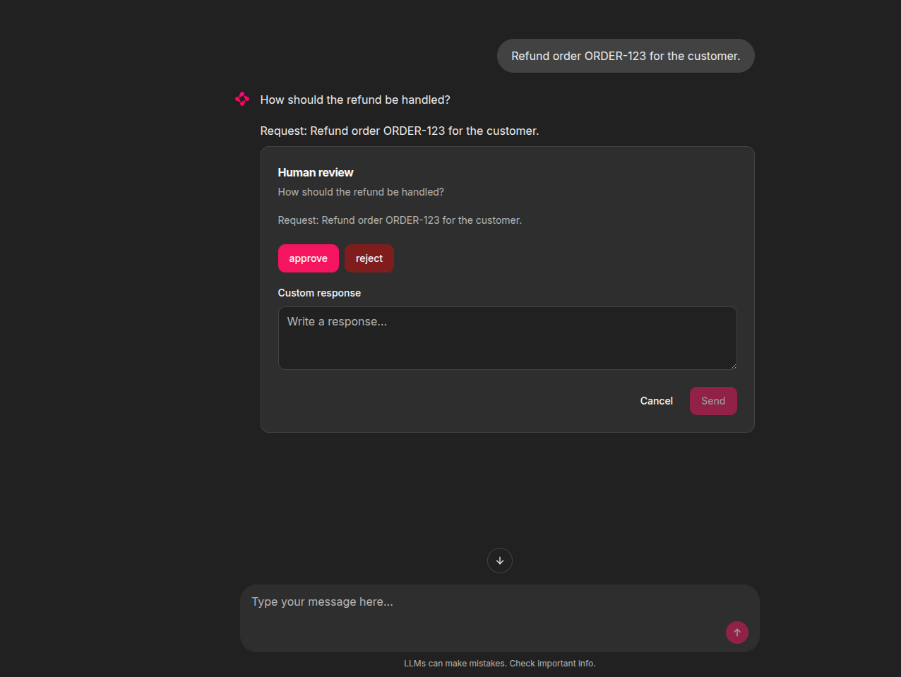 Chainlit human review form with approve, reject, and custom-response controls