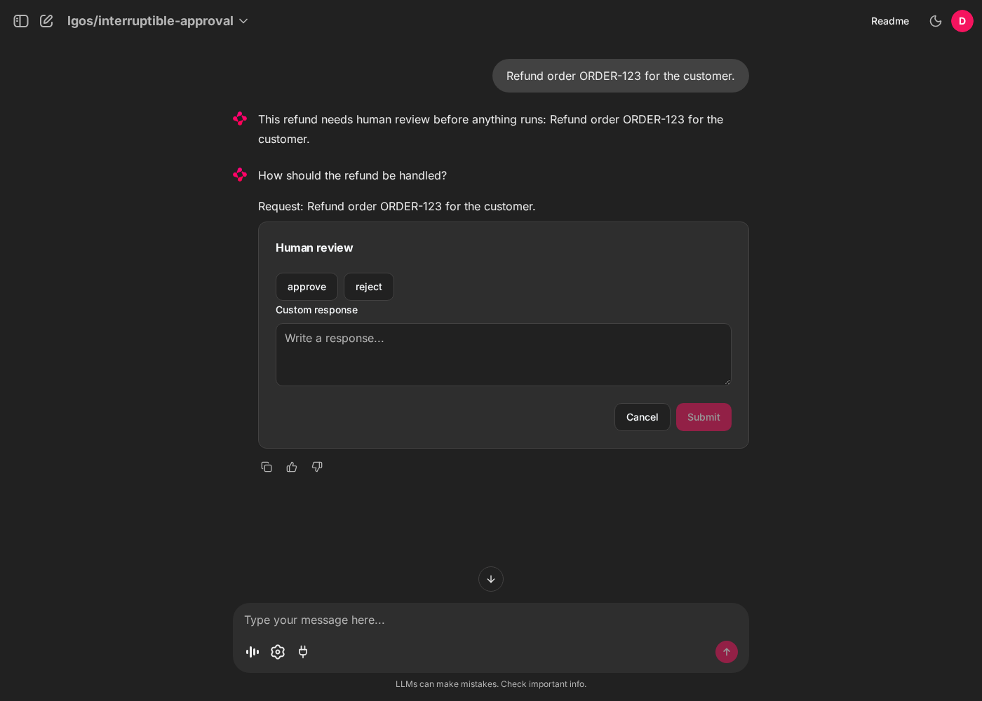 Chainlit human review form with approve, reject, custom-response, and cancel controls