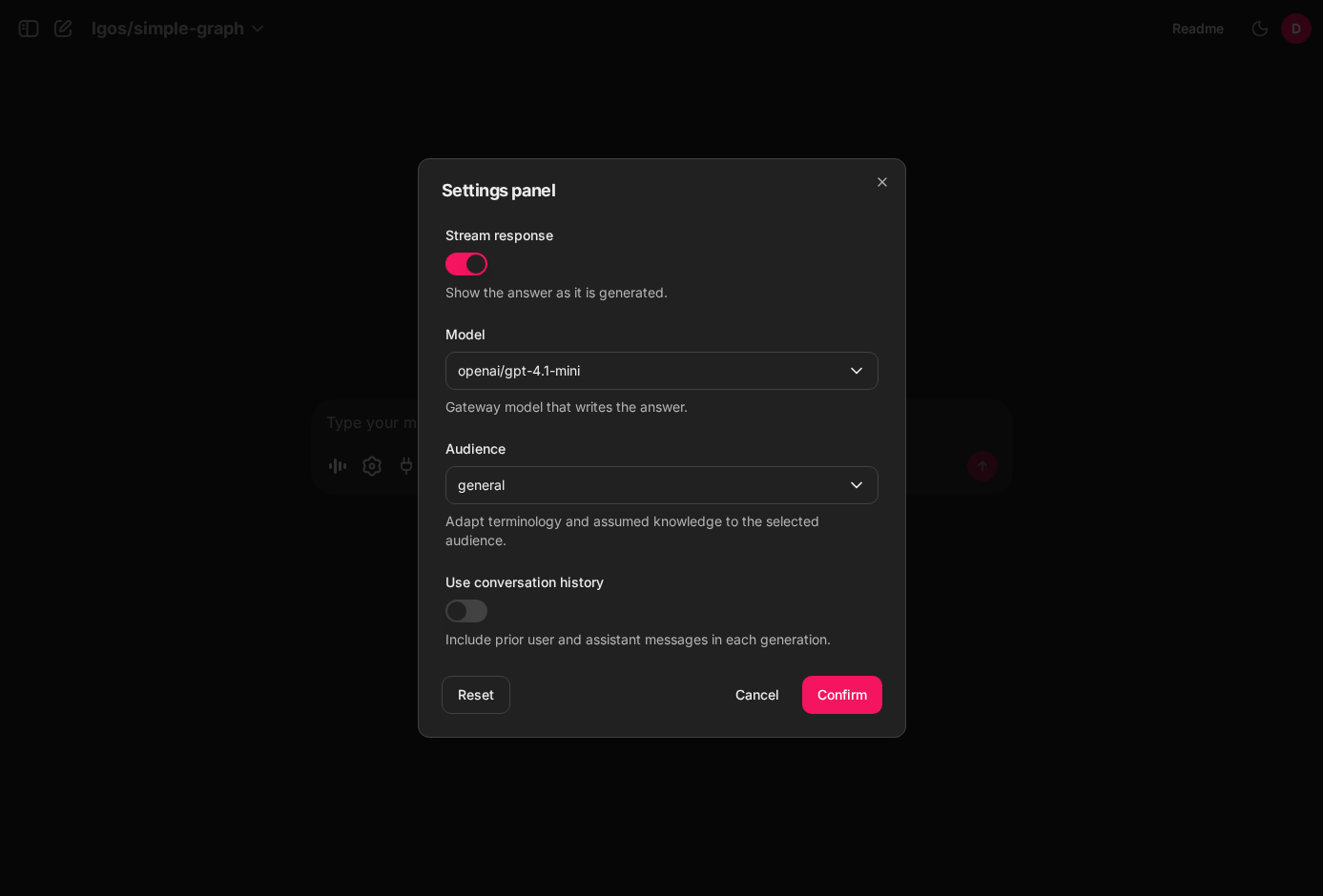 Chainlit Settings panel showing stream, model, audience, and conversation-history controls