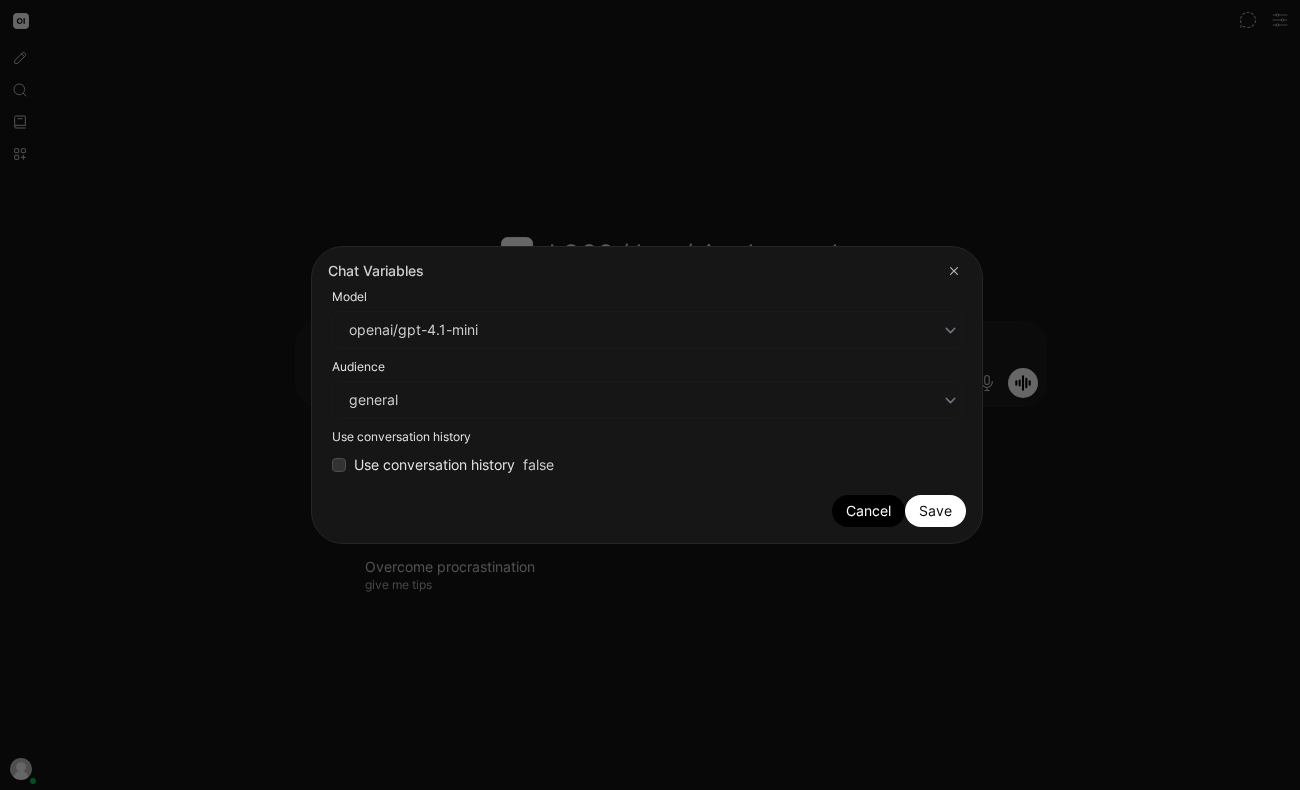 Open WebUI Chat Variables showing model, audience, and conversation-history controls
